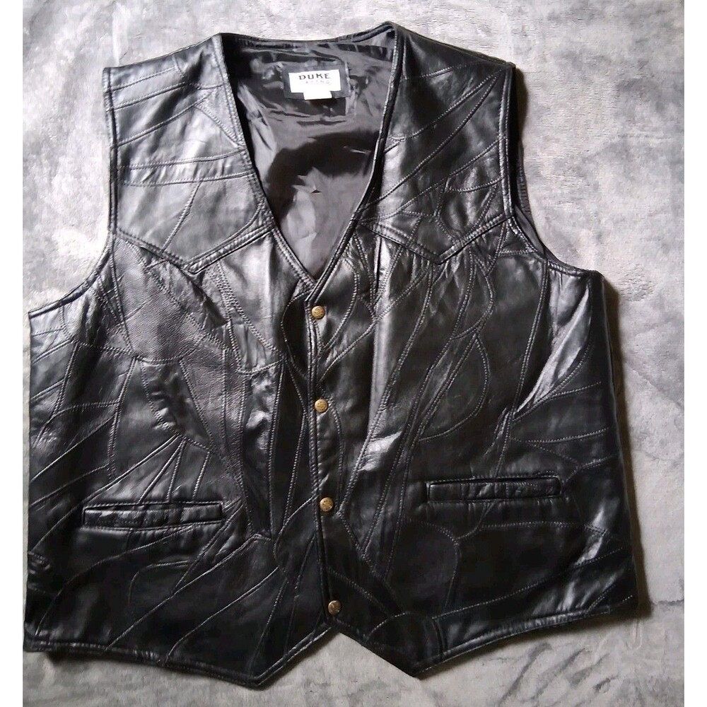 Duke Haband Leather Vest Mens Sz 2XL Black Patchwork Biker Snap Western